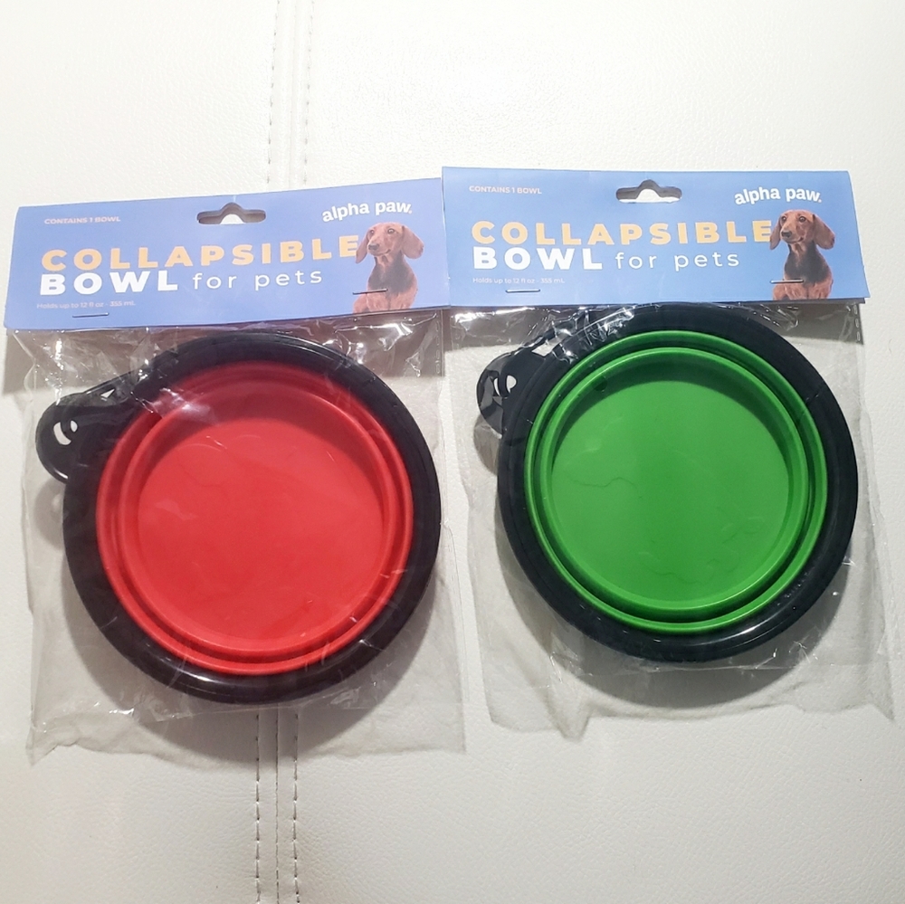 Portable Collapsible Foldable Pet Food Dish / Water Bowls Set of Two Green Red